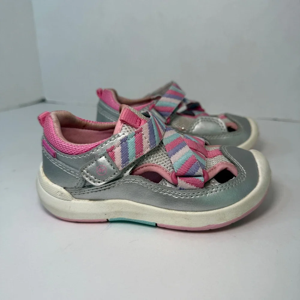 Stride Rite SRT Surf Toddler Sandals Silver Pink Striped Girls Size 6.5